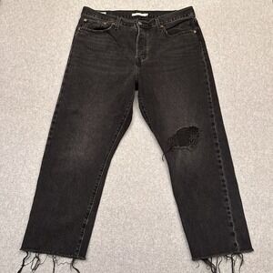 Levi's Premium Wedgie Straight Jeans Womens 33 Black Button Fly Big E Distressed